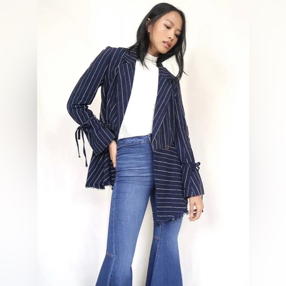 Free People Coat Jacket Stella Blazer Double Breast Fray Hem Stripe Navy S NEW